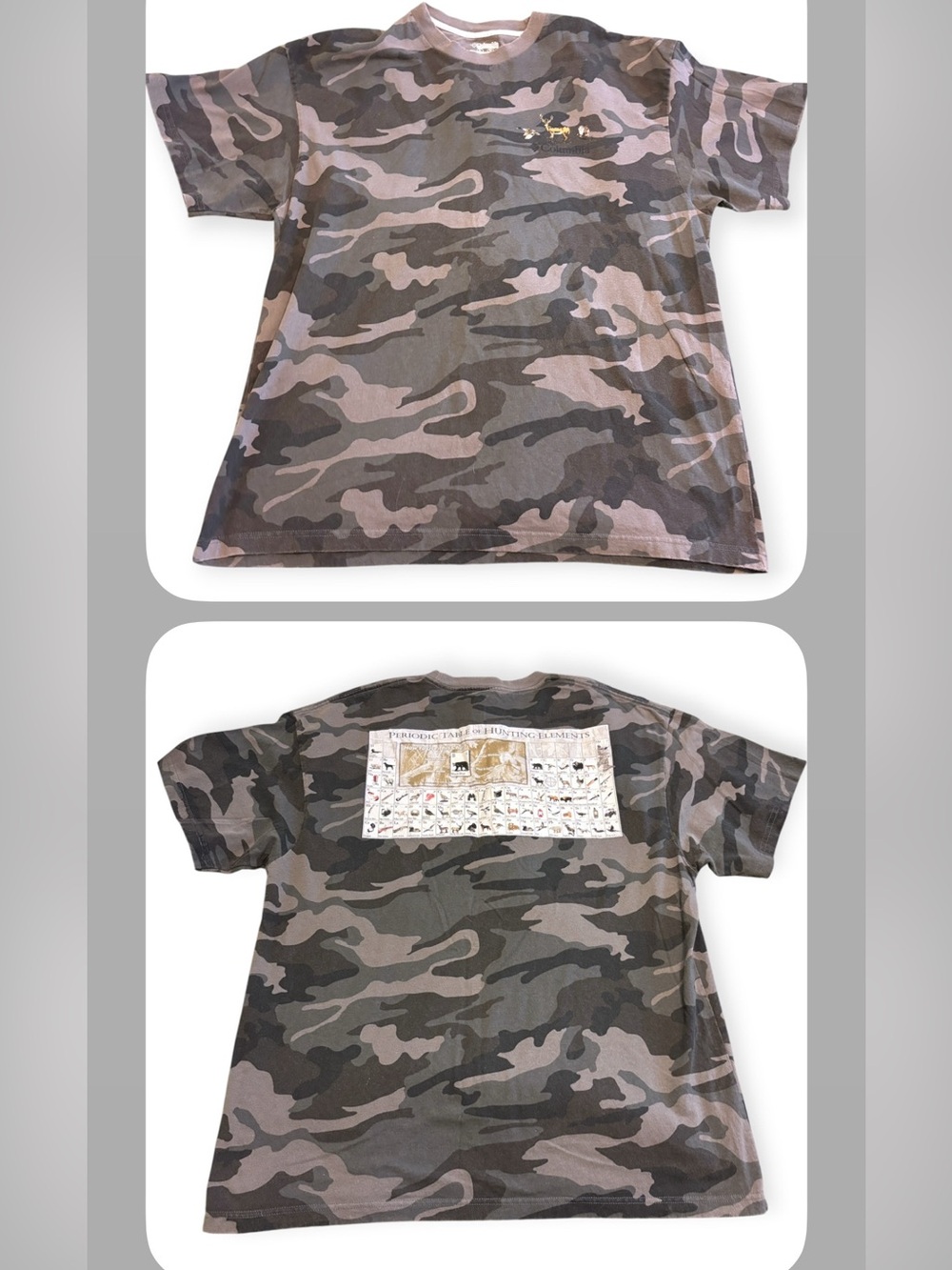 Columbia Men’s Vintage  Periodic Table of Hunting Elements Camo Tee Size XL